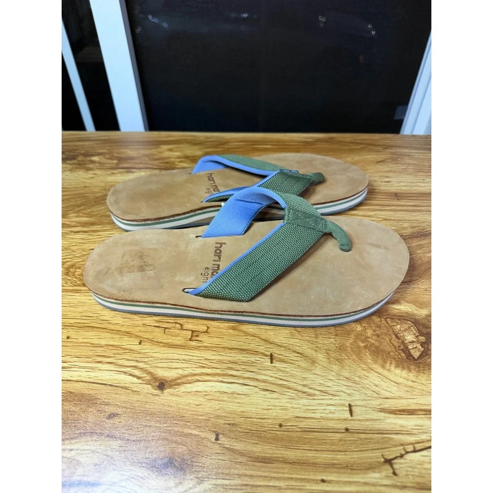 Hari Mari Fields Men's Flip Flops Green Tan Leather Footbed Sandals Size 8